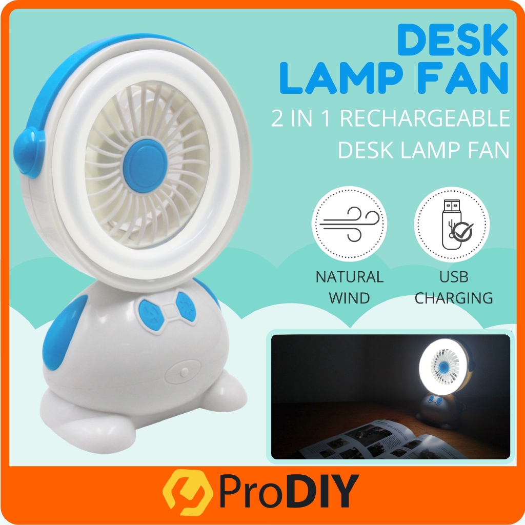 2 IN 1 Desk USB Fan With Glowing Circle LED Light Built In Rechargeable Battery Kipas For Travel Camping ( HB-9906 )