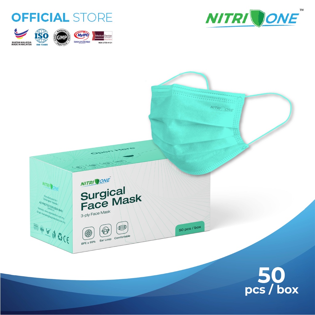 NitriOne Teal Green 3 Ply Medical Surgical Facemask Earloop (50 Pcs)