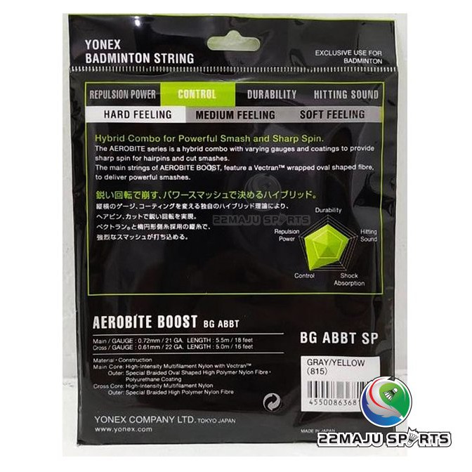 YONEX BG AEROBITE BOOST Badminton Racquet String 0.72mm 5.5m 18ft 21GA Gray 