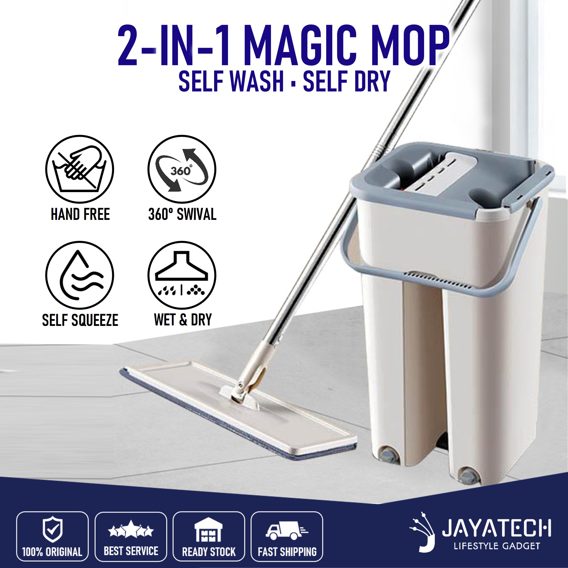 EASY MOP / NEW MOP SELF WASH SQUEEZE DRY / FLAT MOP WITH BUCKET / 2 IN