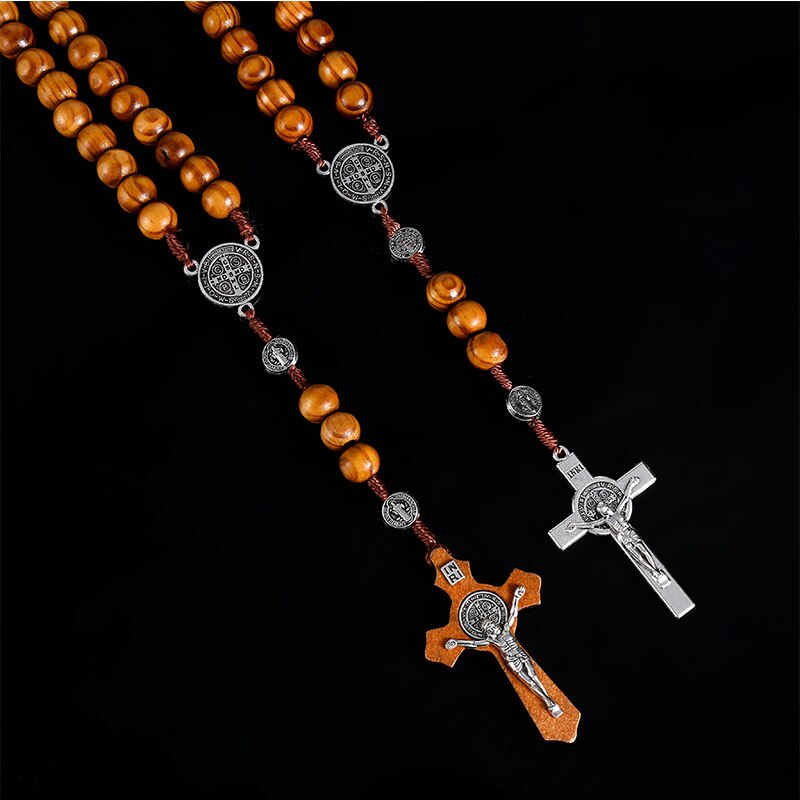 10mm Hand Woven Saint Benedict Medal Antique Wooden Rosary Cross Necklace Retro Catholic Religious Jesus Jewelry