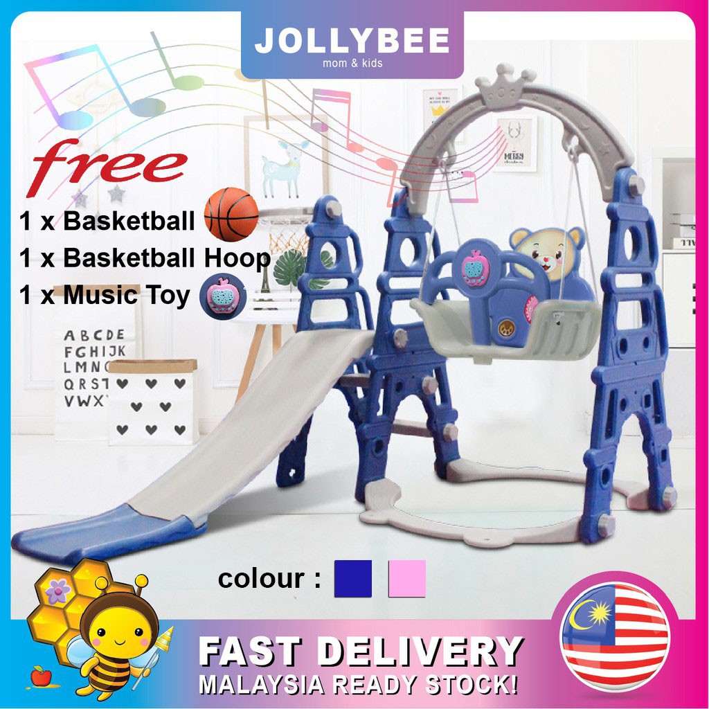 Jollybee 4In1 Music Children Indoor/Outdoor CP-28 Playground Slide Set Kid Slides Swing Basketball Hoop Papan Gelongsor