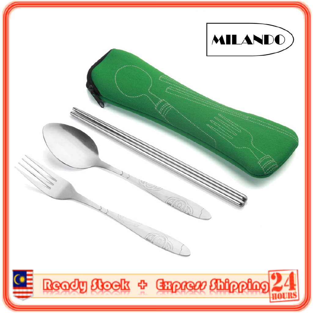 (3-Piece) MILANDO Travel Stainless Steel Cutlery Utensil Set Tableware Spoon Fork FREE STORAGE BAG (Type 4)