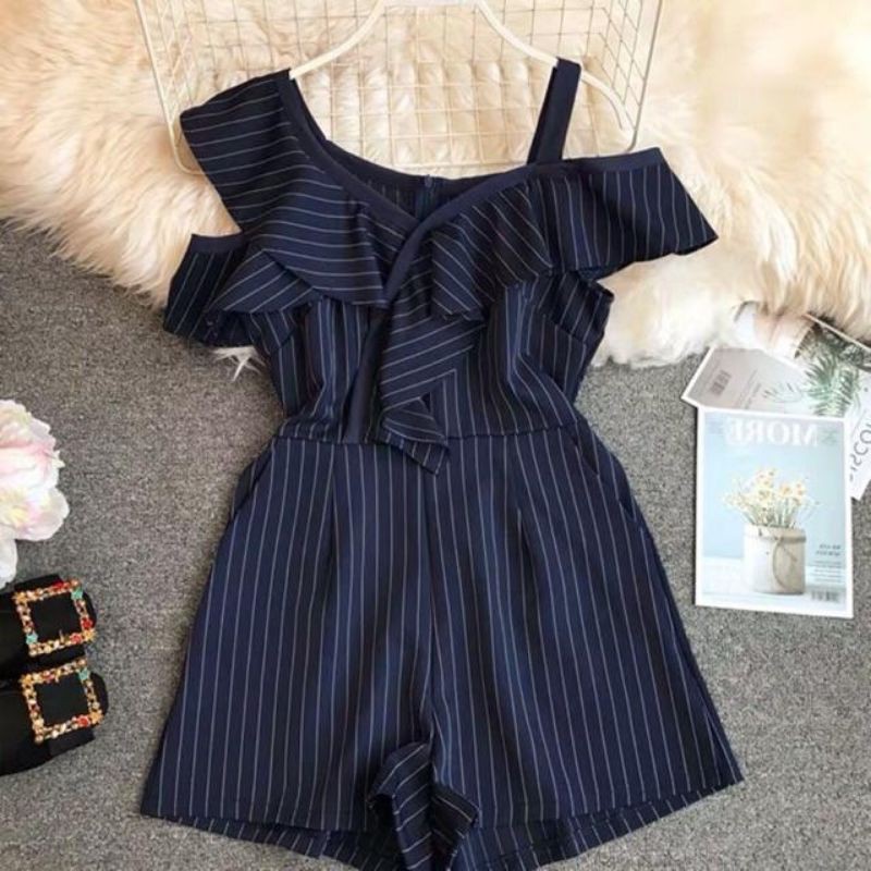 Casual Loose Short Sleeve Jumpsuit with Pockets Drawstring Elastic Waist Playsuit❤️Sumeimiya Womens Striped Rompers 
