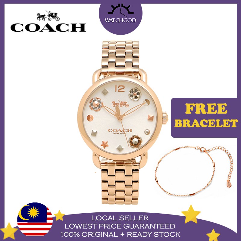 [100% Original & Free Bracelet] Coach Delancey Rose Gold Stainless Steel Women Ladies Watch Jam Tangan Wanita - 14502811