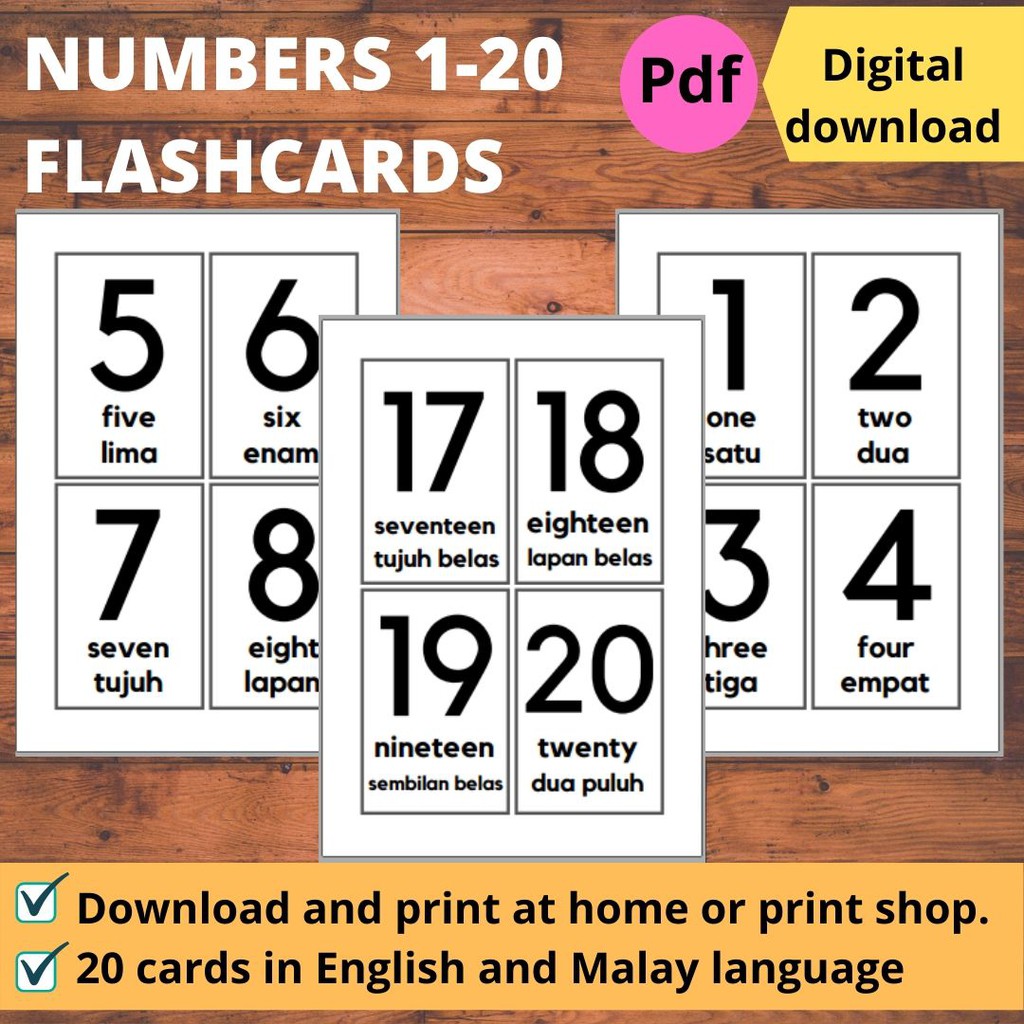 Printables 1 20 Numbers Nombor 123 Flashcard In English And Malay Softcopy Pdf File Shopee Malaysia