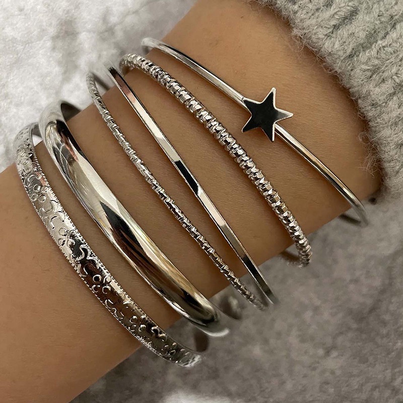 6 Psc/Set Vintage Silver Star Opening Bracelets for Women Charm Jewelry Accessories