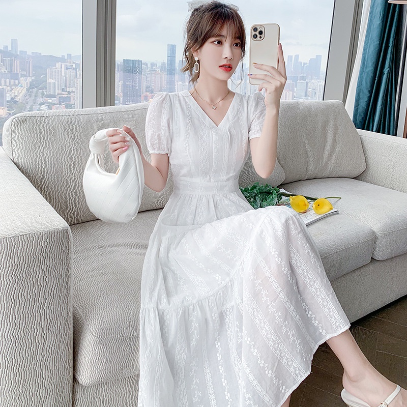 #B591 2022 New Korean Design V-Neck White Lace Midi Dress Vintage Dress ...