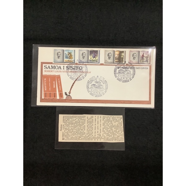1969 Western Samoa 75th Anniv. Of Robert Louis Stevenson’s Death First Day Cover With Newspaper Cutting. Minor Toning