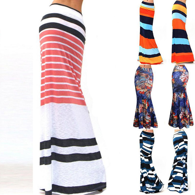 Hahatop High Waist Floor Length Skirt Printed Striped Casual Long
