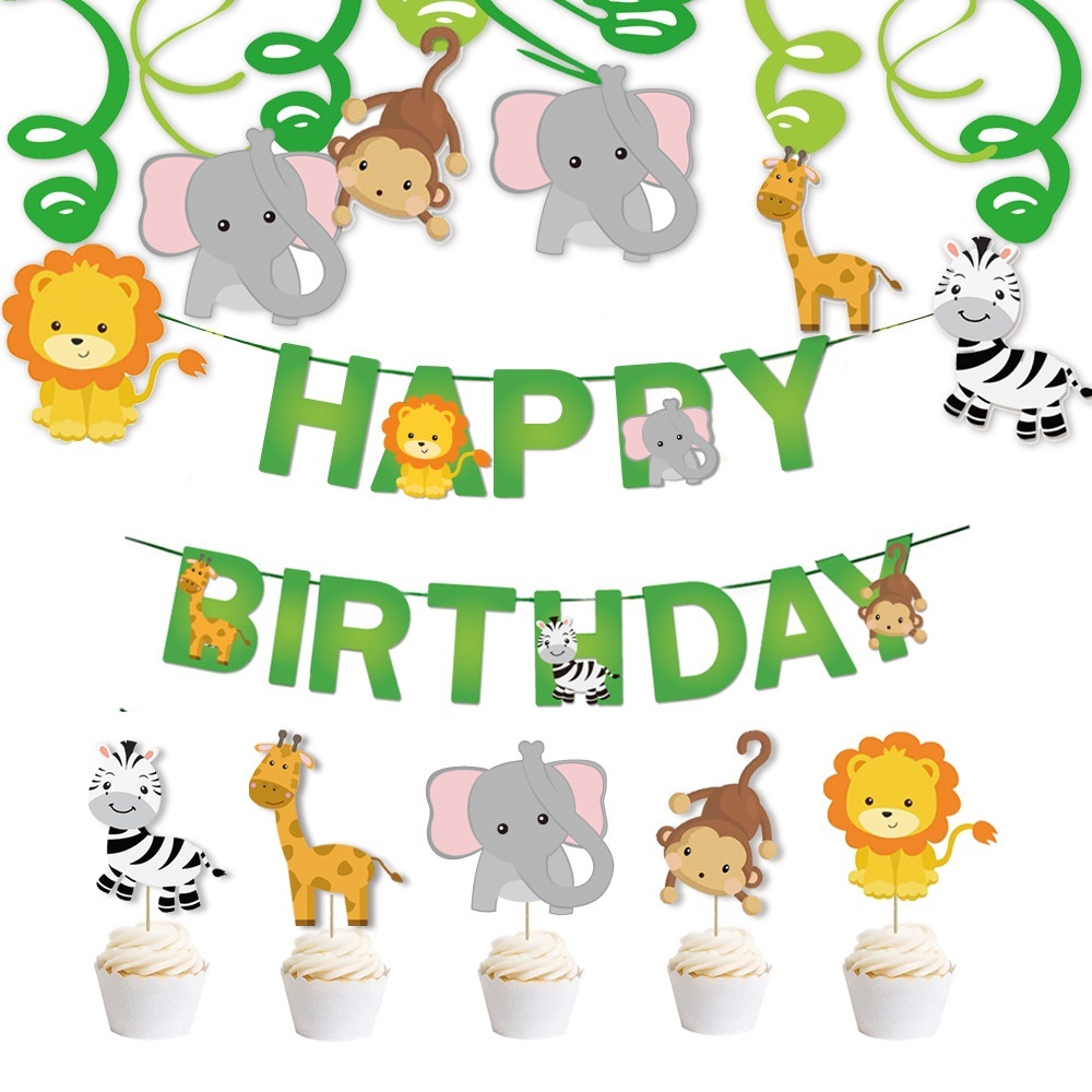 Jungle Safari Party Paper Banner Flags Cake Cupcake Topper Birthday Decorations Favors Supplies Forest Animal