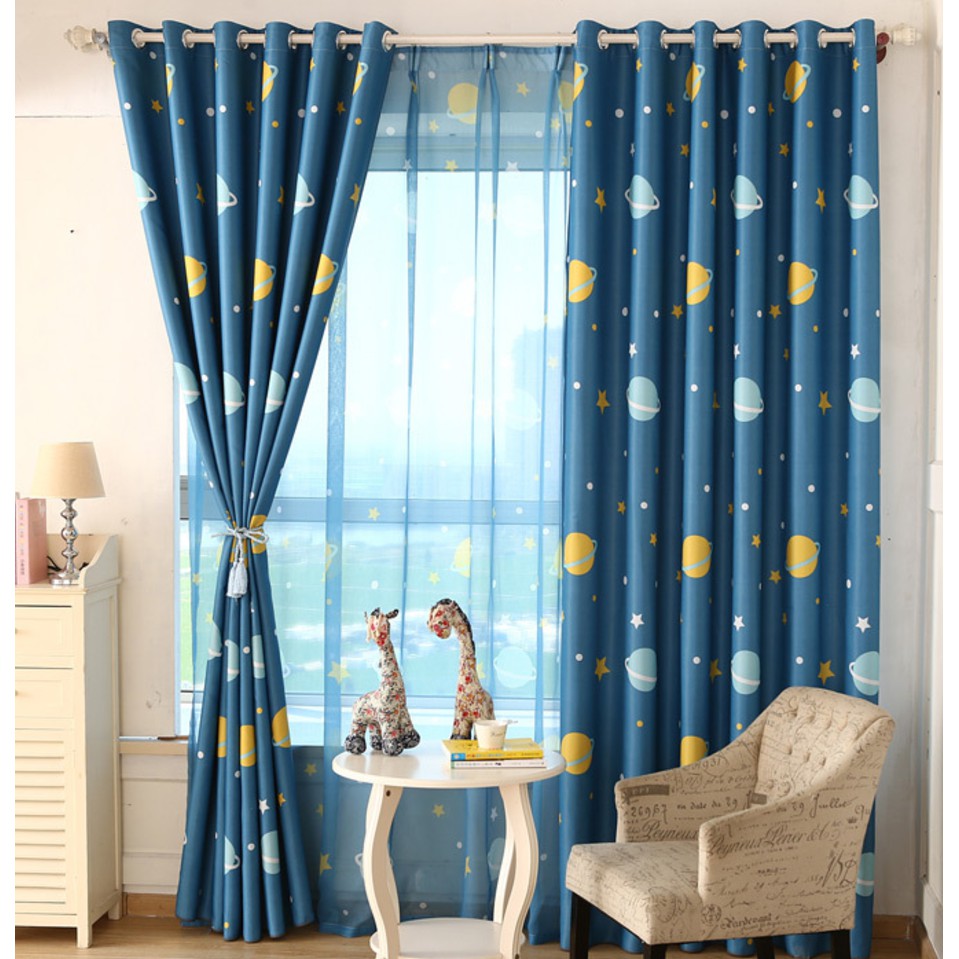 Window Cartoon Curtains Planet Design Living Room Boy Children Blue Curtain Kids Shopee Malaysia