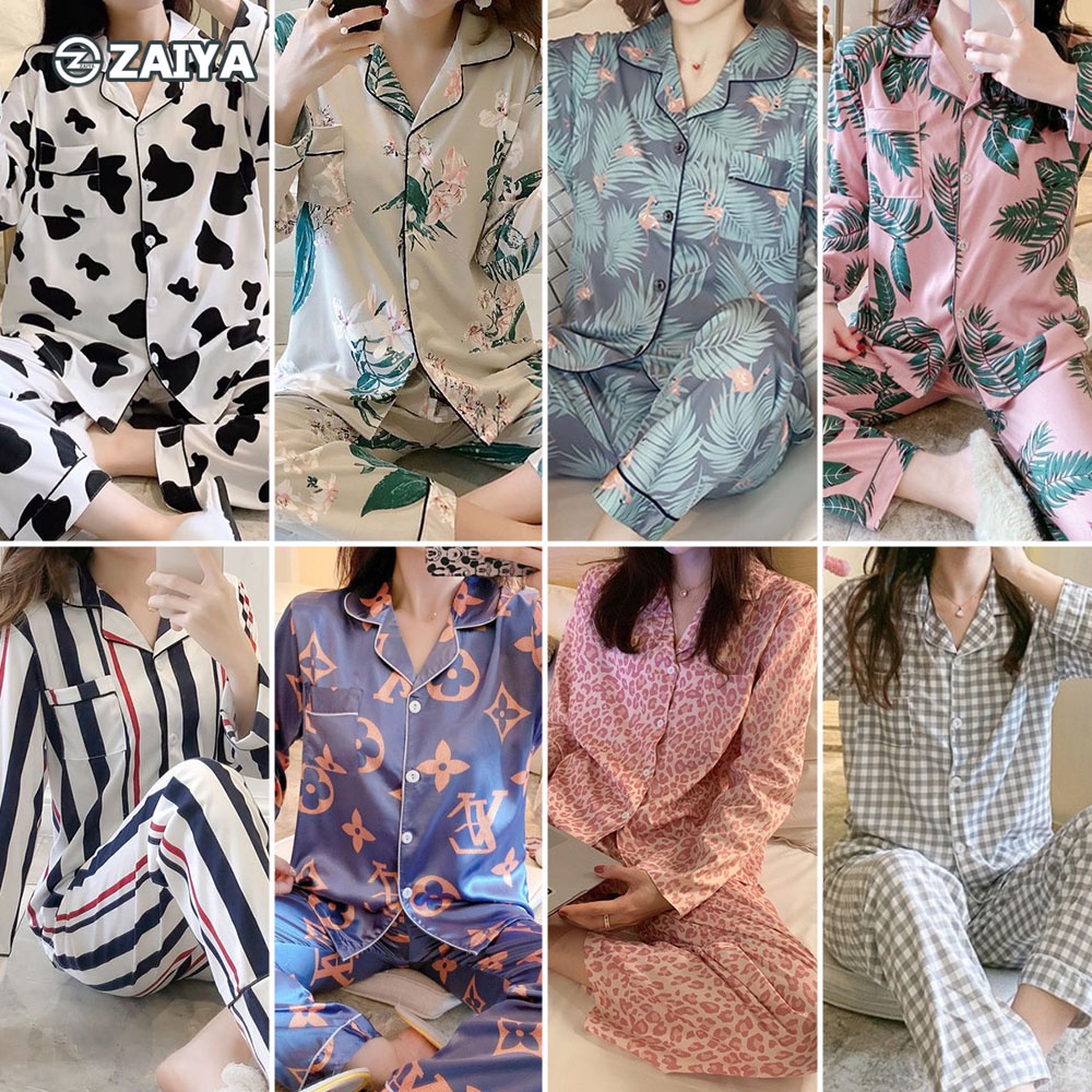 JESSICA Long Sleeve Pajamas Sleepwear Set Baju Tidur Wanita Pyjamas Perempuan