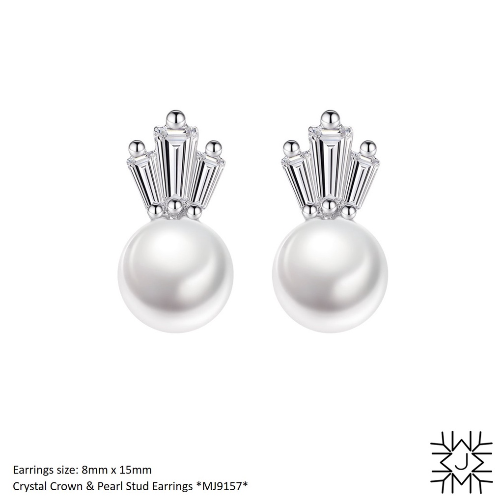 MY JEWEL 18K White Gold Plated Crystal Crown & Pearl Stud Earrings with Diamond Simulants CZ