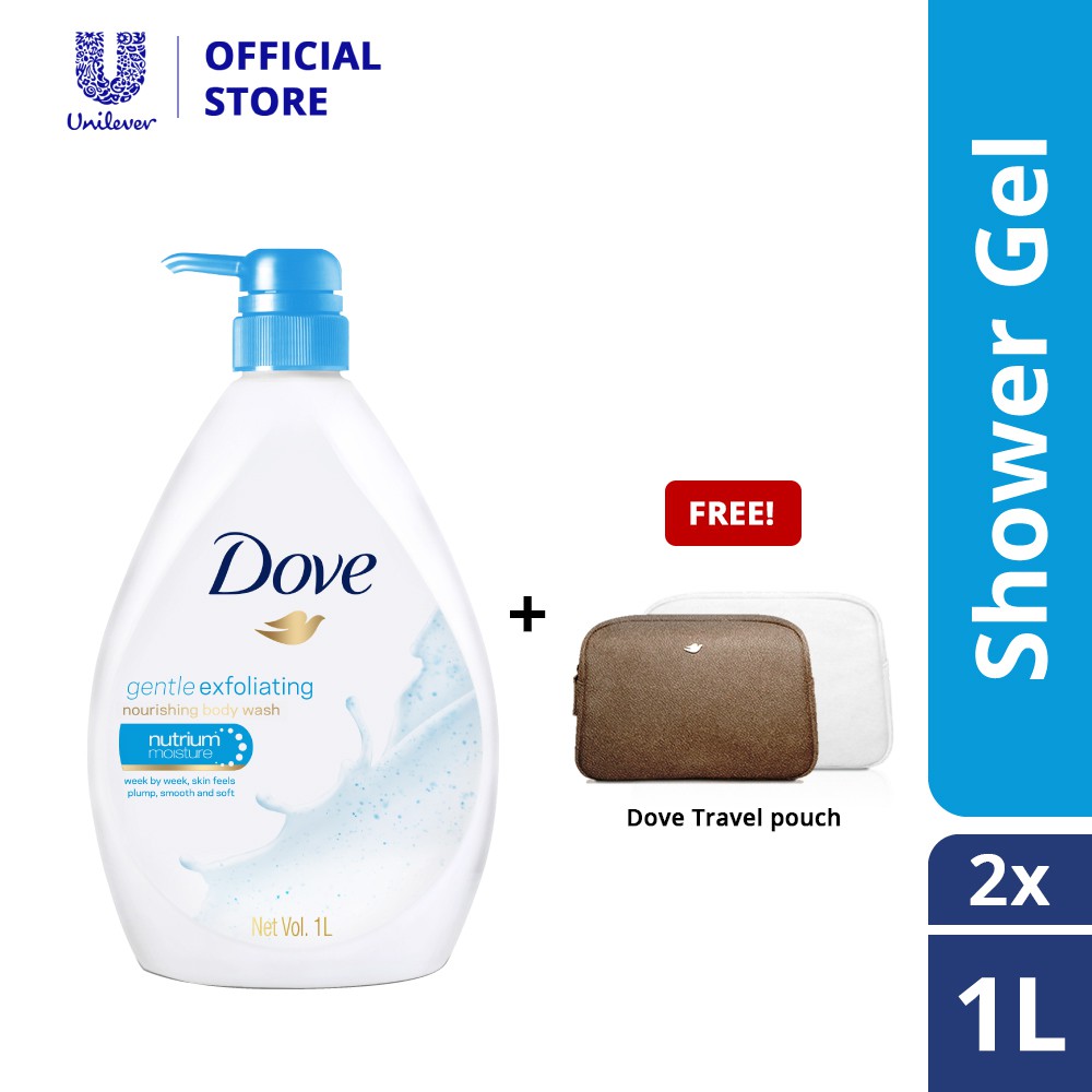 Dove Shower Gel Gentle Exfoliating 1L x 2 FOC Dove Travel Pouch
