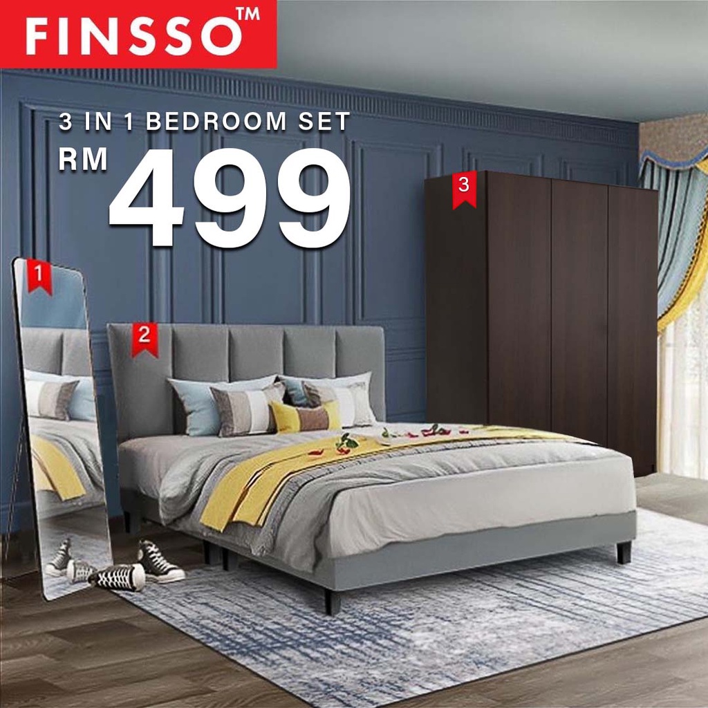 [READY STOCK] FINSSO: Bedroom Set HANDLEY Canvas Divan Bed Frame with Wardrobe/ Standing Mirror