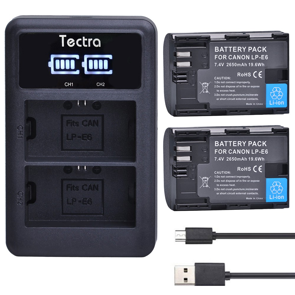 2000mAh 70D and LED Display Dual USB Charger Compatible with Canon 5D Mark II III IV 5D3 5DSR Cameras Tectra 2-Pack LP-E6 LP-E6N Replacement Battery 60D 6D 5D2 80D EOS 5Ds