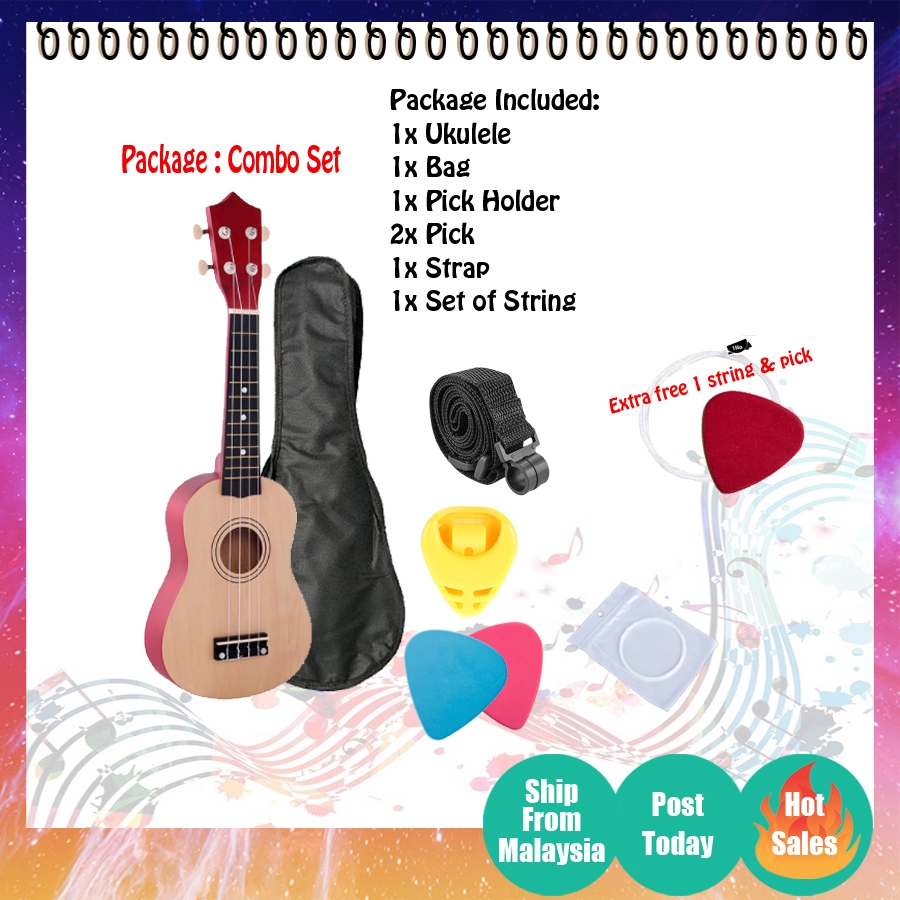 21 Inch Wood Colour Ukulele Soprano Package Combo Set Gitar kecil Set