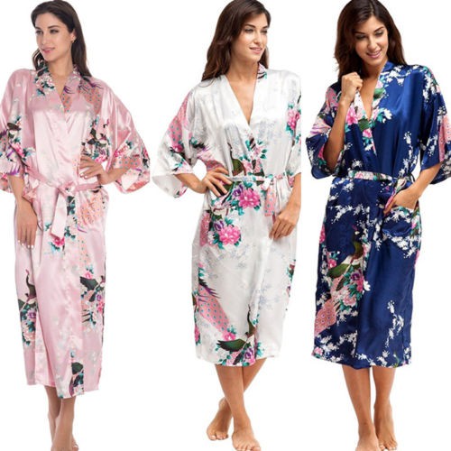 Women Floral Silk Satin Kimono Bathrobe Robe Wedding Bride Bridesmaid Sleeping