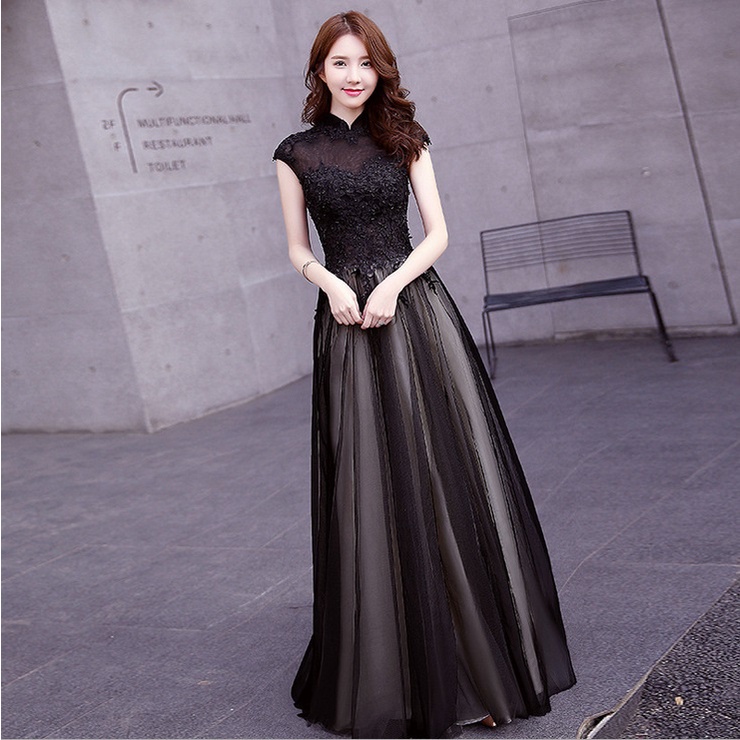 Black Evening Dress Fashion Banquet Annual Dinner Host Elegant Long