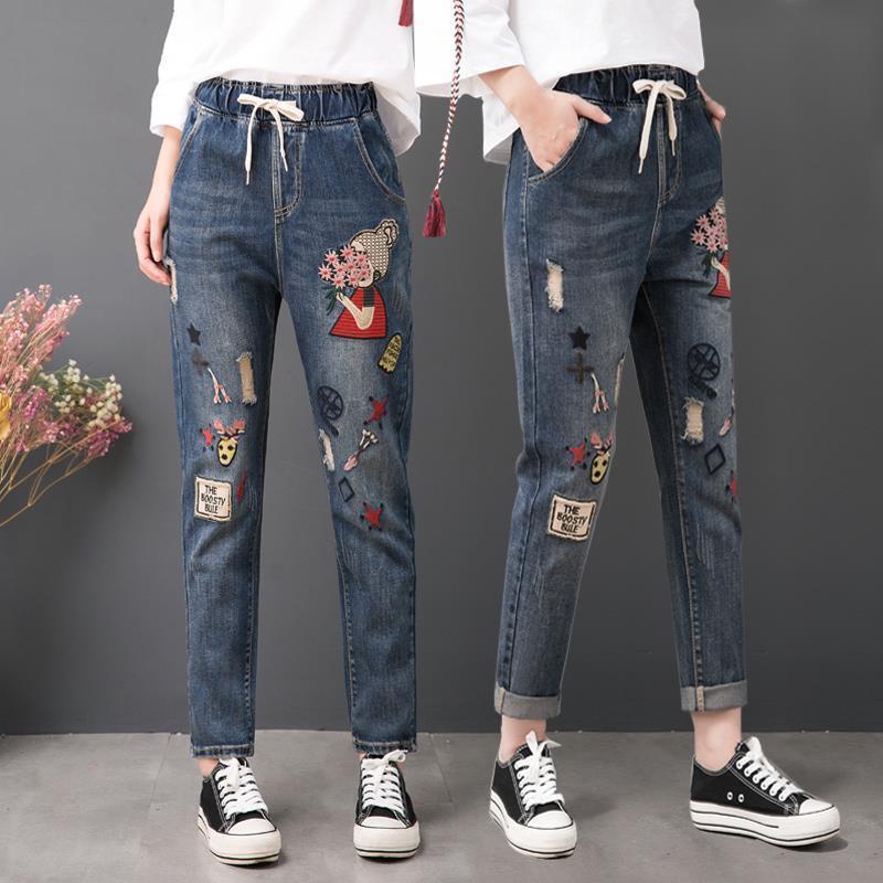 Women's Denim Retro Art Jeans Loose Large Size Ninth Pants High Waist ...