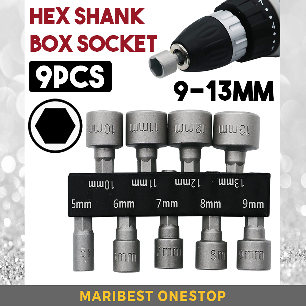 9PCS 5MM-13MM HEX SHANK BOX SOCKET SET BITS ADAPTER 1/4" LONG HEX SHANK SOCKET SLEEVE KITS