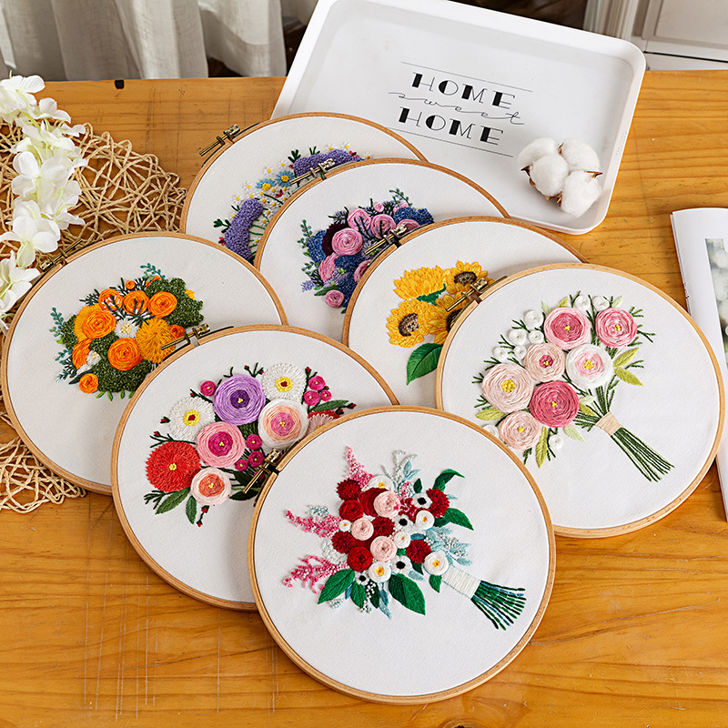 [HEPU] Embroidery Starter Kit, Cotton Fibric with Water Soluble Pattern,  Embroidery Hoop, Color Threads, and Needles, Handy Bouquet Series