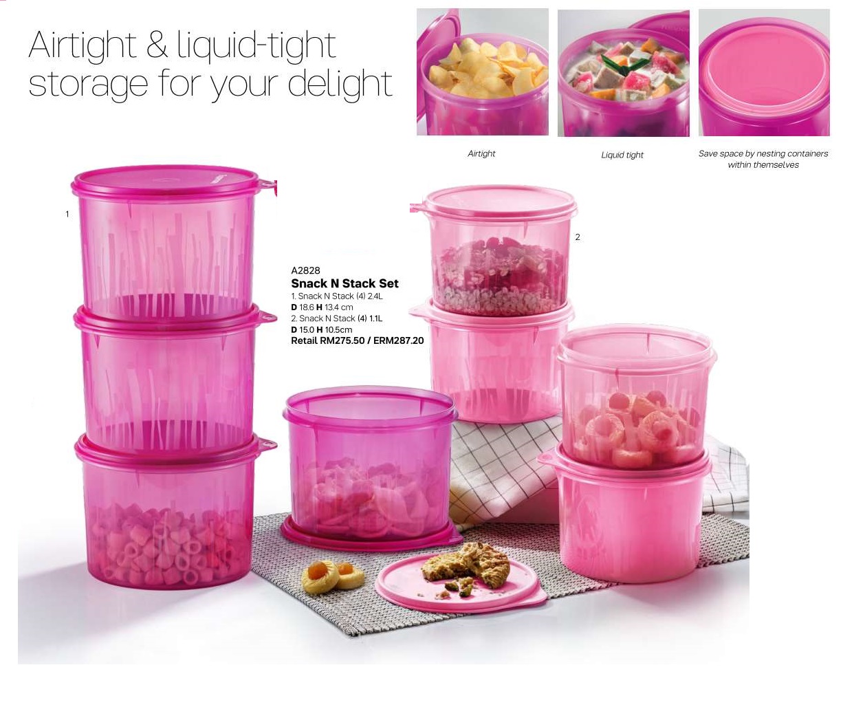 Tupperware Snack N Stack Set 2.4L & 1.1L (8 pcs)