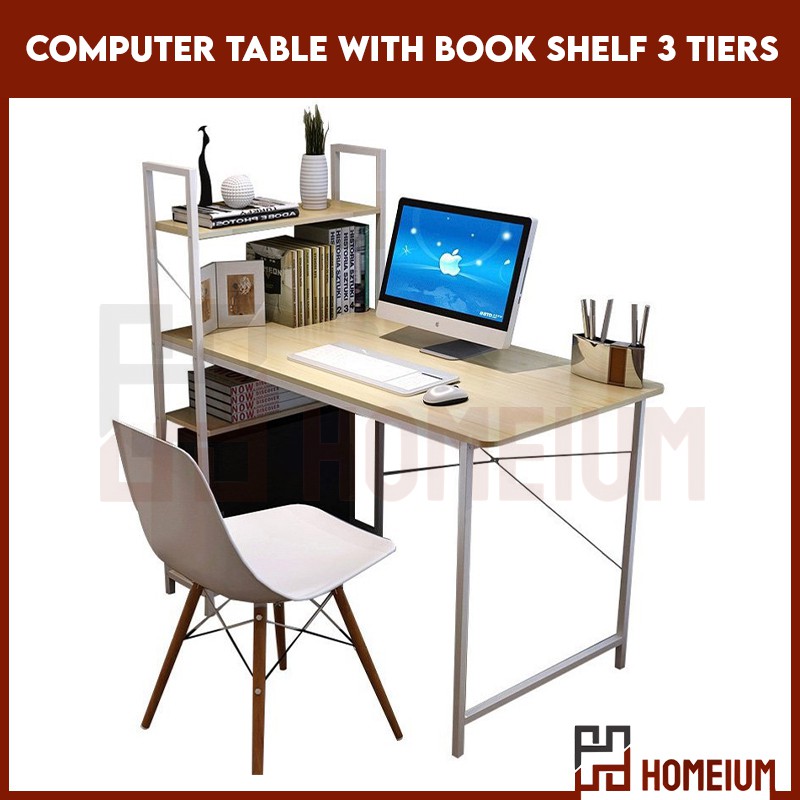 Homeium  Study Deck Writing Desk Office Computer Table With Book Shelf 3 Tiers