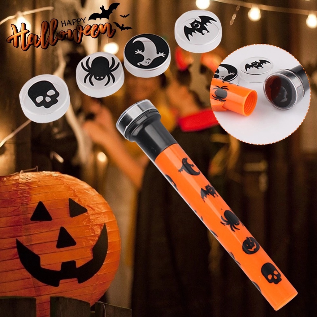 Halloween Small Projection Lamp Flashlight Toy/ DIY Five Types Lens Flashlight Party Decoration Kids Toys /Pumpkin Skull Ghost Pattern Luminous Toys for Kid Halloween Festival Gift