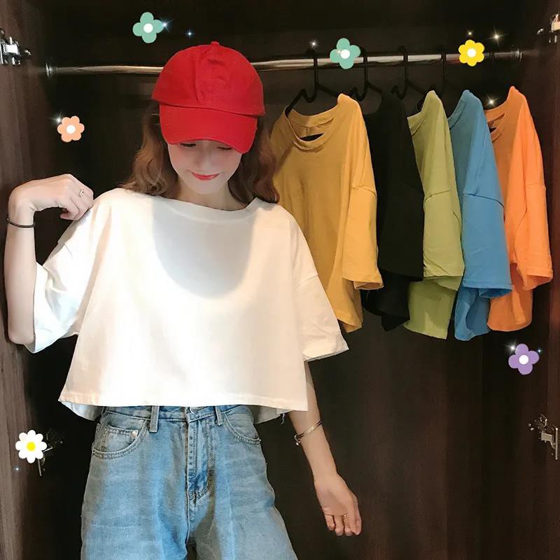 summer new fashion crop top shirt loose korean casual plain t shirt women oversize baju wanita lengan pendek comfortable