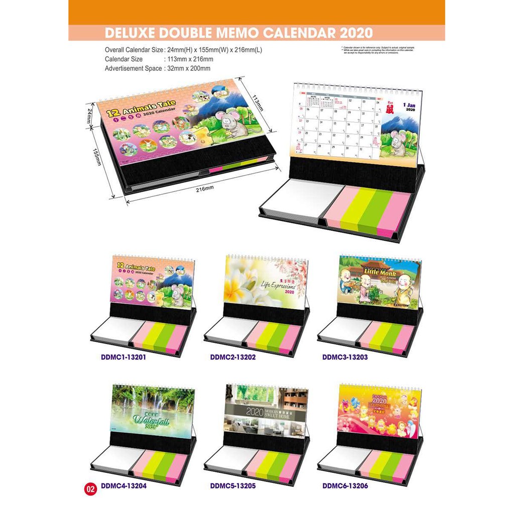Desk Deluxe Double Memo Calendar 2020 700 gsm Black Stand 100 Sets
