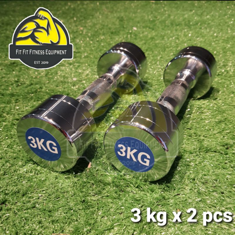 Ready Stocks  Dumbbell 3kg x 2pcs Fit Fit Fitness Metal Steel CHROME Round Fix Weight SOLID