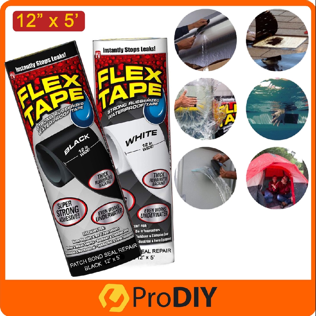 FLEX TAPE 12" X 5' Flexible Waterproof Sealing Adhesive Black / White