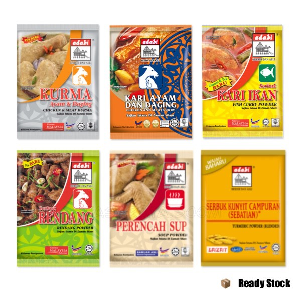 Adabi Serbuk Rempah 24g 30g Kari Ayam Daging Ikan Kurma Rendang Kunyit Campuran Sebastian Perencah Sup Shopee Malaysia