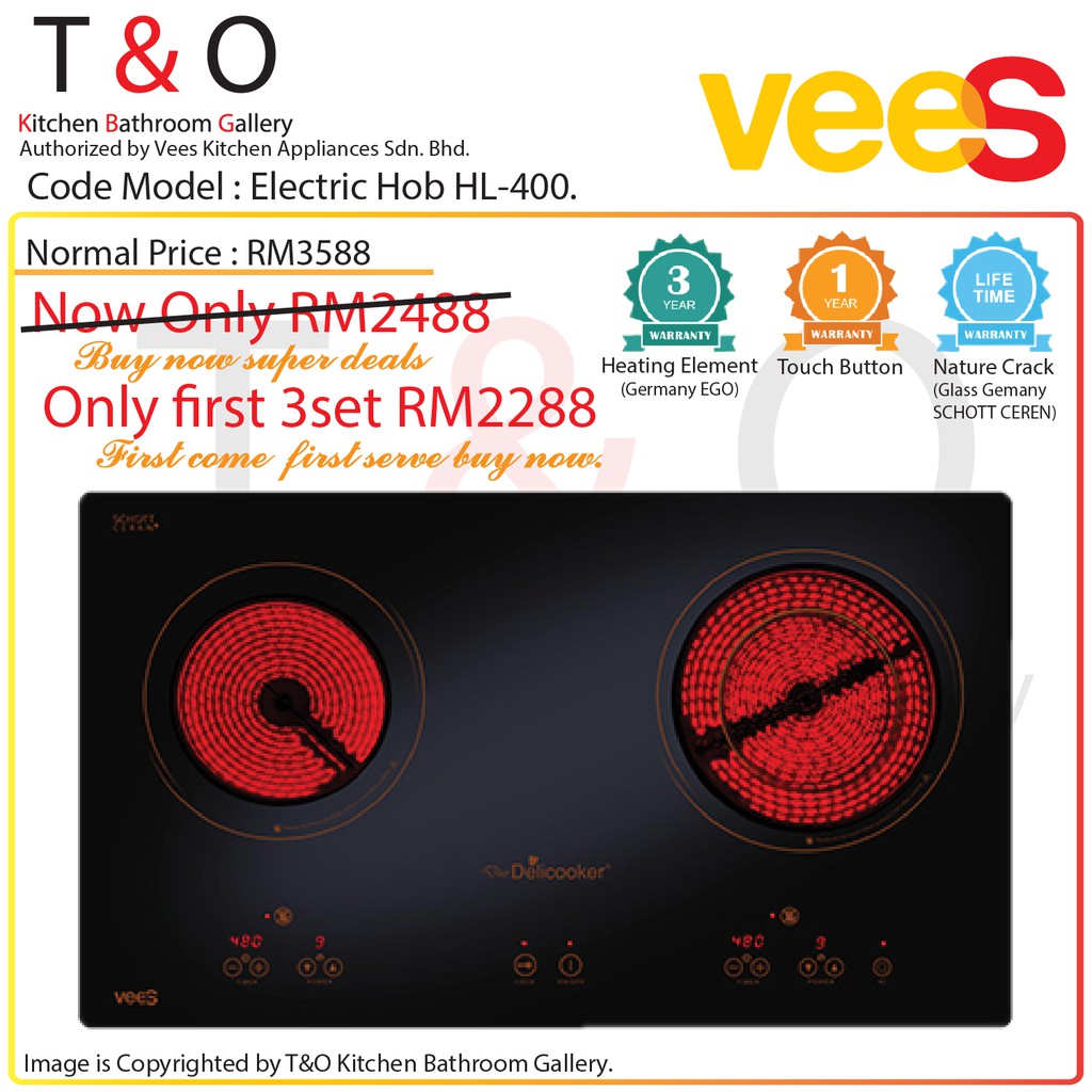 Vees Delicooker HL-400 Ceramic Double Burner Electric Hob 4000W with Germany SCHOTT CERAN (Save Energy)