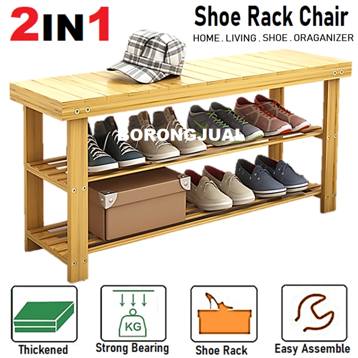 2in1 Wooden Shoes Storage Rack Chair Shoe Cabinet Bench Organizer Drying Shelf Kerusi Rak Kasut Shopee Malaysia