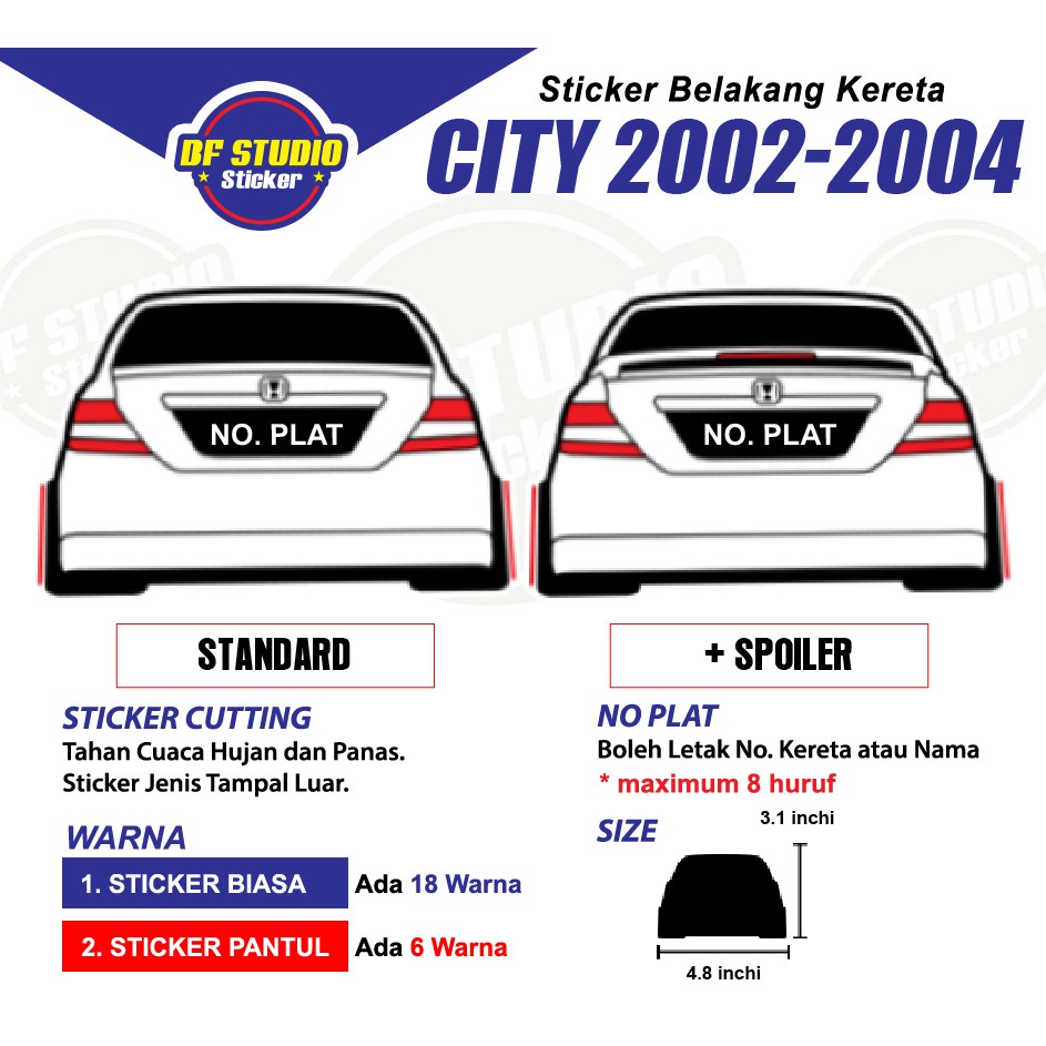 Sticker Belakang Kereta Honda City 2002-2004, 1 Pcs, Boleh Tukar 