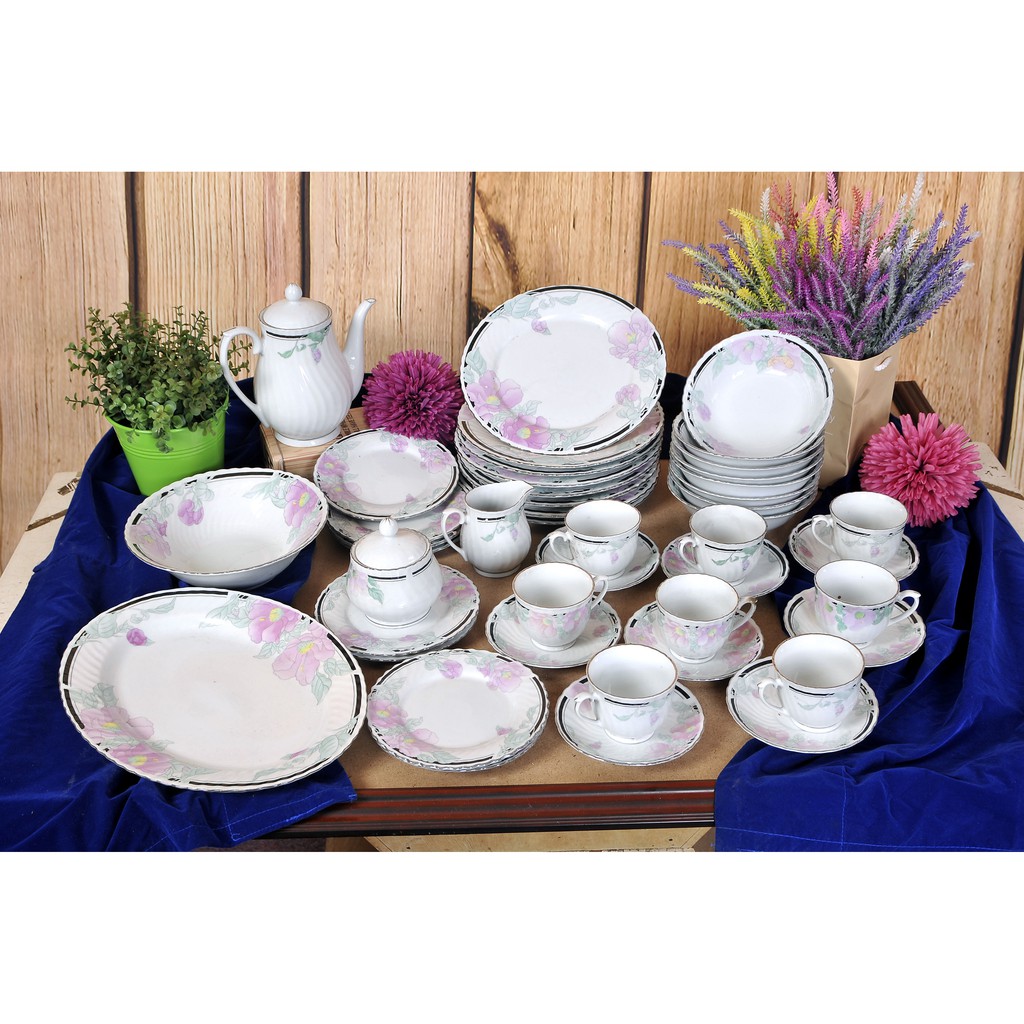 47 Pcs Floral Porcelain Dinner Set Dinnerware Tableware Plates Bowls Tea Pot Cup & Saucer READY STOCK