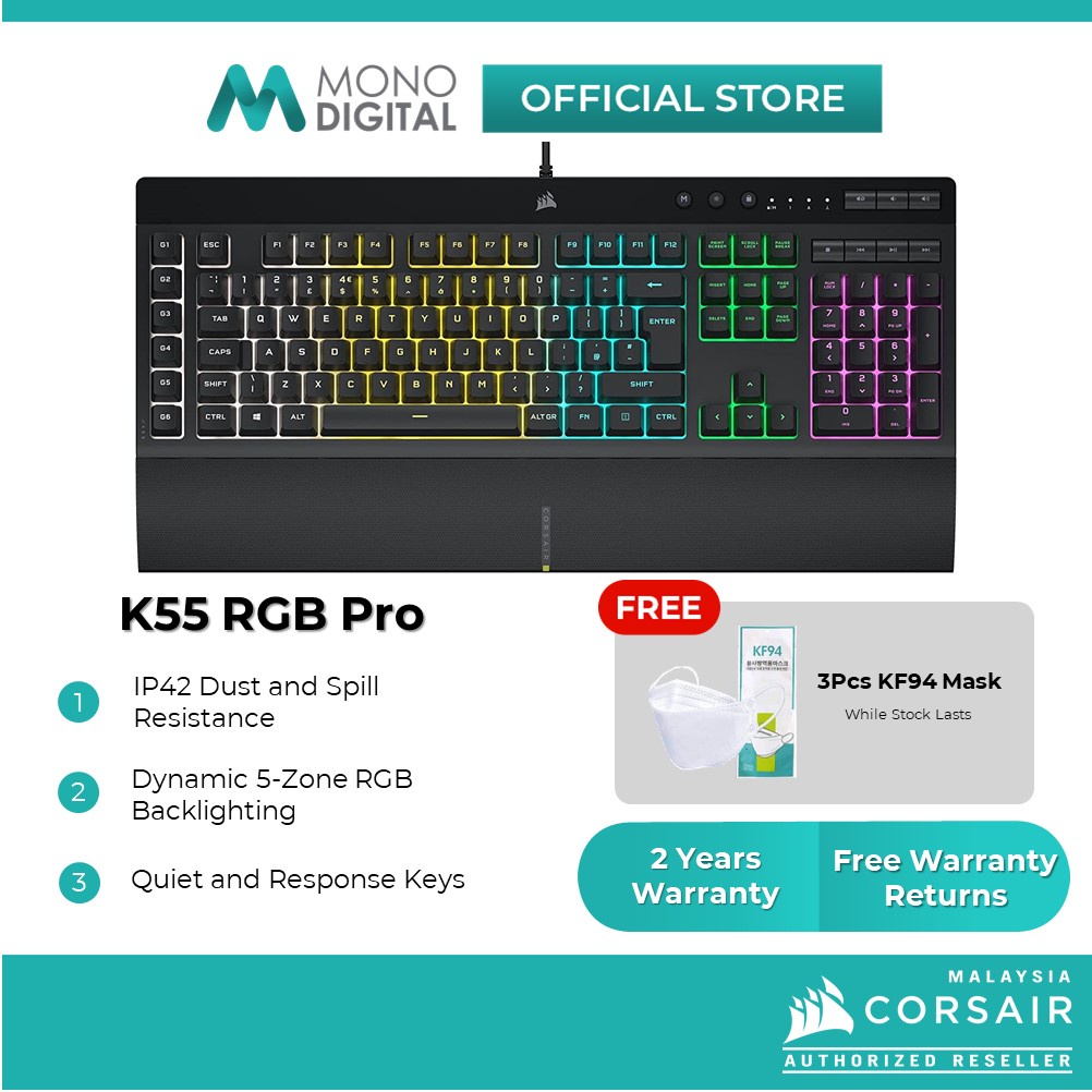 Corsair K55 RGB / K55 RGB Pro Gaming Keyboard with IP42 Dust and Spill