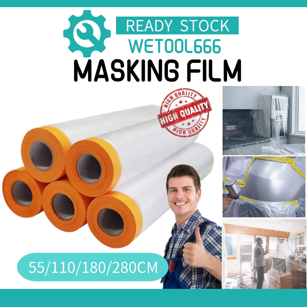 WT Masking Film with Tape 55/110/180/280cm Painting Protection Covering for Plastic Drop Cloth Sheet Spraying Dust Cover