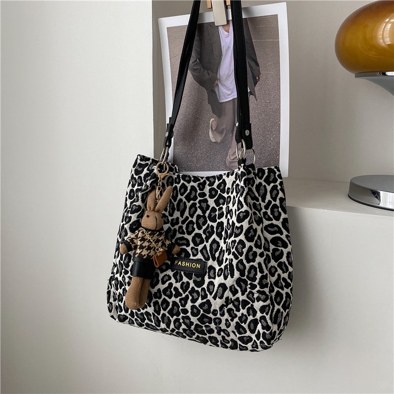 One-Shoulder Canvas Female Bag Large Capacity Leopard Print Tote Casual  College Student Class Handbag | Shopee Malaysia