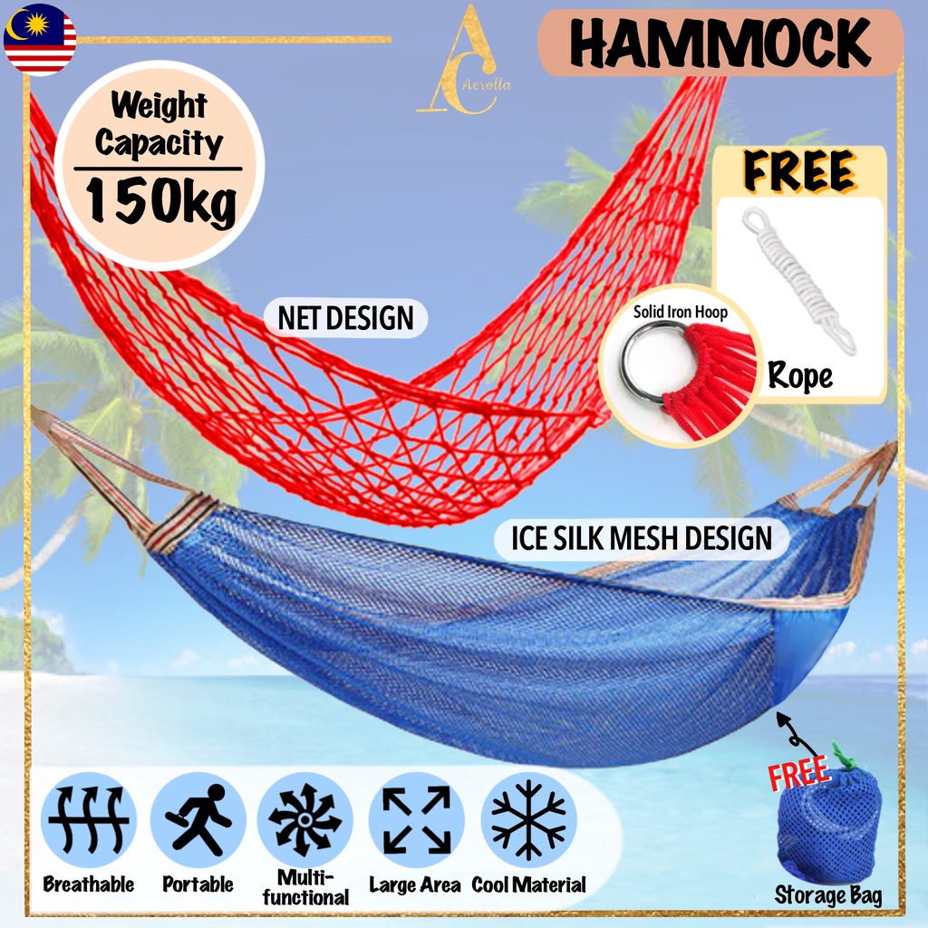 Nylon Net & Ice Silk Design Hammock Beach Travel Outdoor Camping Swing Hanging Bed Chair Endui Buaian Gantung吊床0