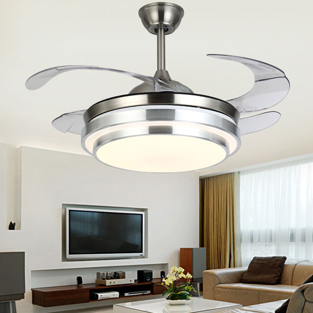 42 Retractable Blade Hidden Ceiling Fan W Led Lights Remotes Brushed Chrome