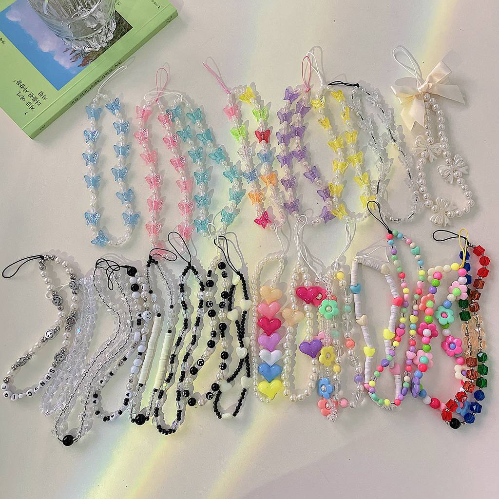 Fashion Phone Strap Multi-style Multifunction Beaded Hanging Cord Butterfly Love Flower Cellphone Chain Backpack Pendant Lanyard for Bluetooth Earphone Card Cover Keychain