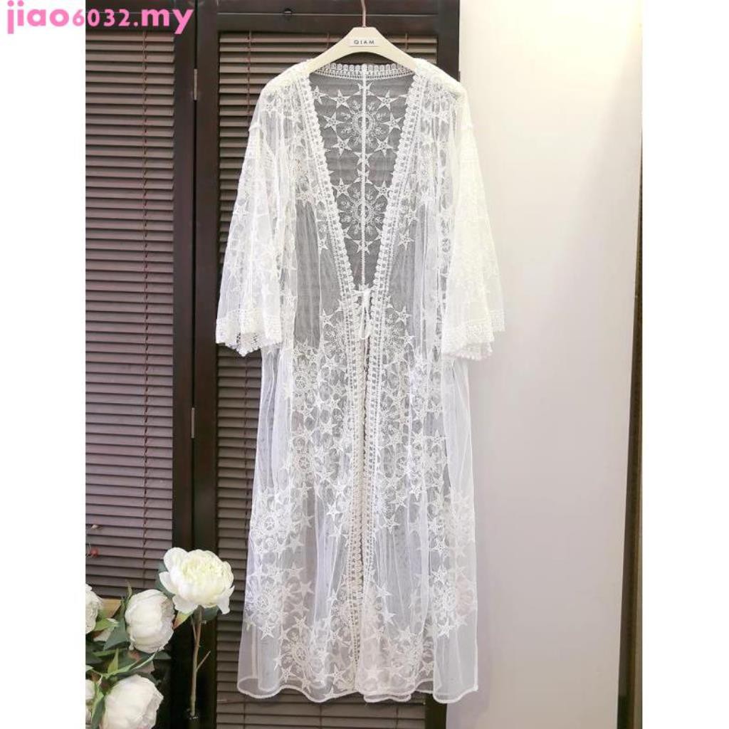 ♀jiao6032Star Floral Embroidery Long Kimono Cover Ups White Lace Cardigan Women Holiday Beach Style Long Shirt ♀jiao6032Star Floral Embroidery Long Kimono Cover Ups White Lace Cardigan Women Holiday Beach Style Long Shirt