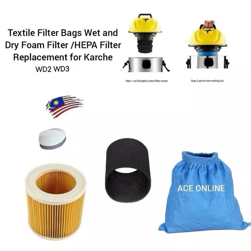 Textile Filter Bags Wet and Dry Foam Filter /HEPA Filter Replacement for Karcher WD2 WD3