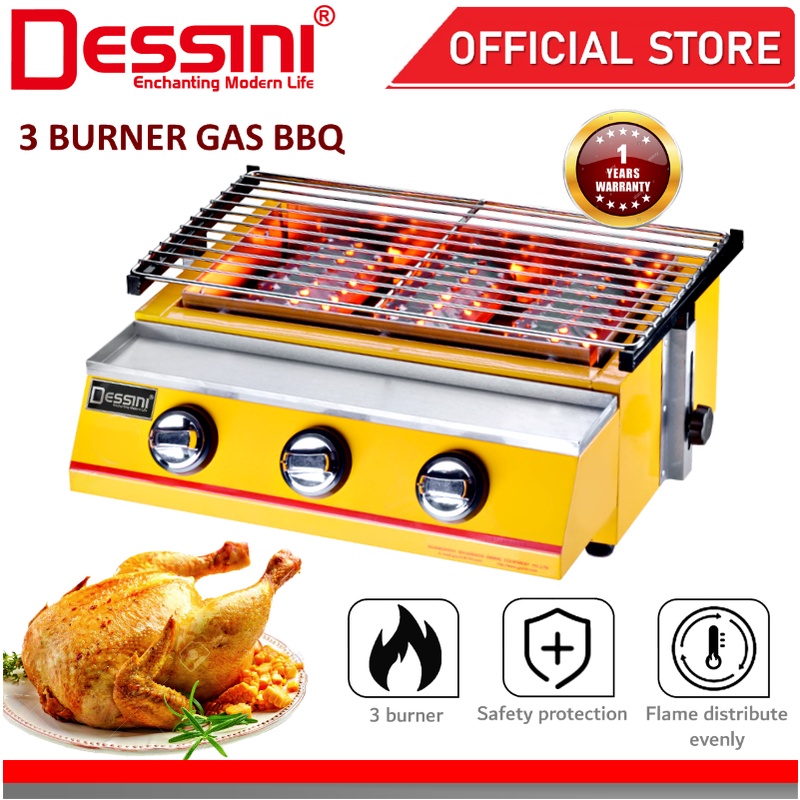 DESSINI ITALY CE Approval Stainless Steel Gas BBQ Grill Stove 2800Pa Non Stick Roast Bake Barbecue Roaster (3 Burner)