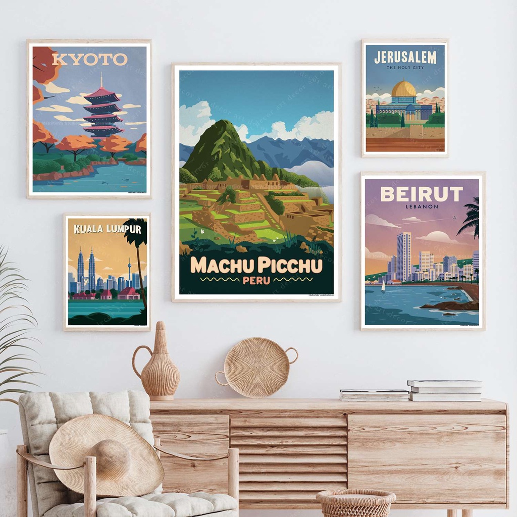 Bali China Beijing Kuala Lumpur Malaysia Landscape City Art Poster Painting on Canvas Cartoon Scenery Wall Sticker Home Decor Poster Vintage Retro Travel Agency Mural