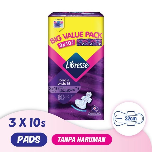 Libresse Feminine Sanitary Pad Maxi Night Secure 32cm Wings (3x10's